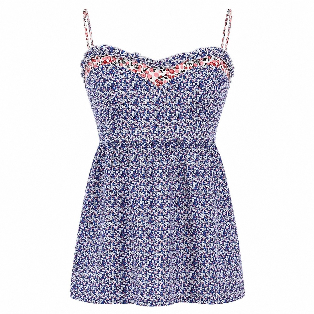 VTG Y2K Tommy Girl Floral Smocked Cami Babydoll Top Spaghetti Strap Blue Pink M
